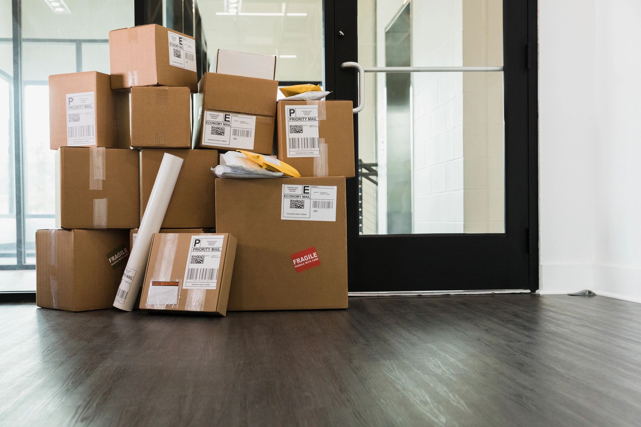 Stack of shipping boxes and mailers ready for dispatch